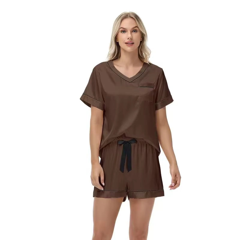 Summer Satin Striped Pajamas for Women Thin Pullover Solid Color Homewear Set