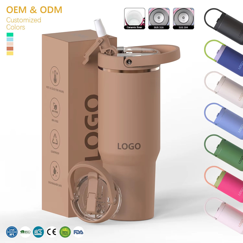 Custom Logo 20Oz 24Oz 32Oz 40Oz Flip Straw Tumbler Portable Travel Mug Stainless Steel Vaccum Insulated Tumbler with Handle
