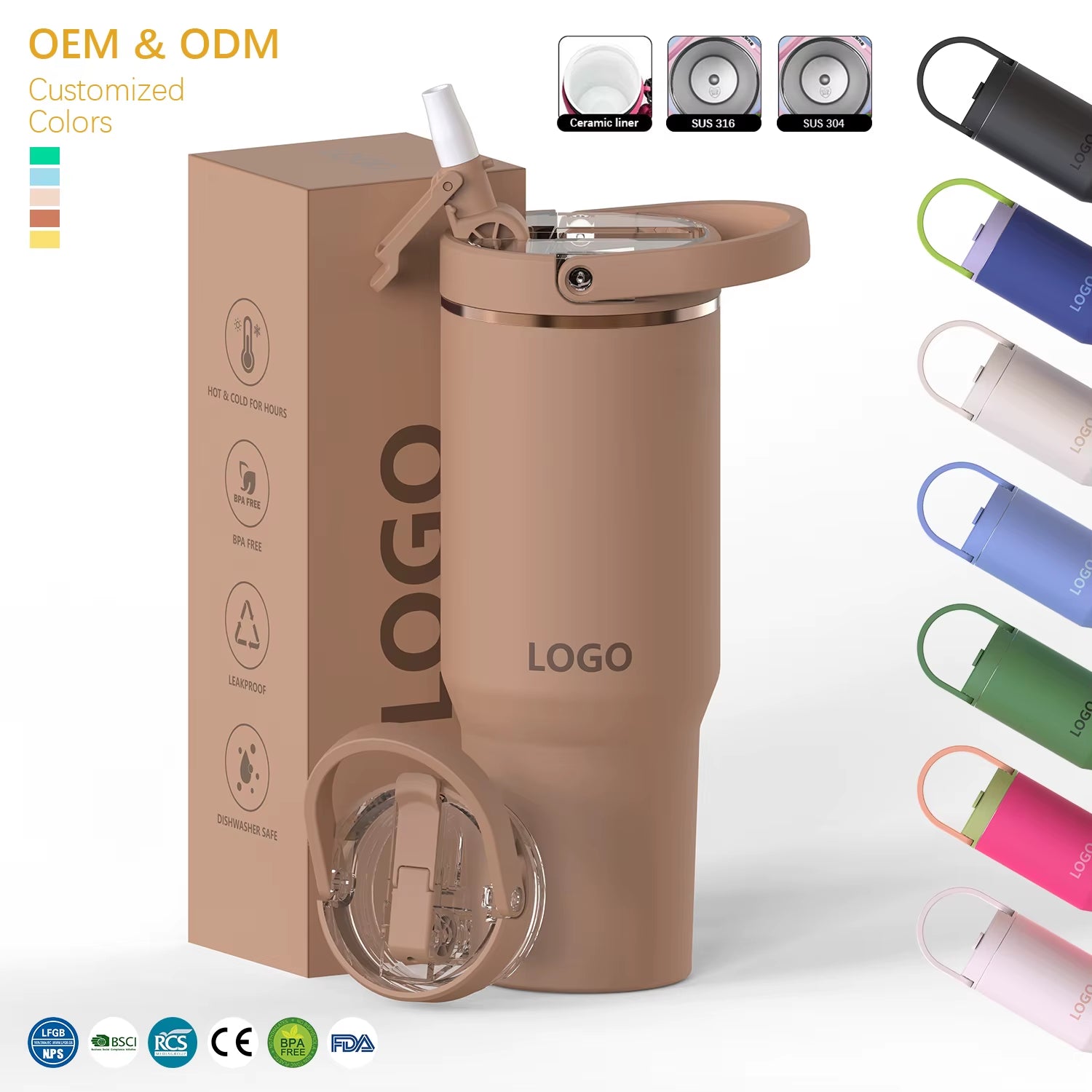 Custom Logo 20Oz 24Oz 32Oz 40Oz Flip Straw Tumbler Portable Travel Mug Stainless Steel Vaccum Insulated Tumbler with Handle