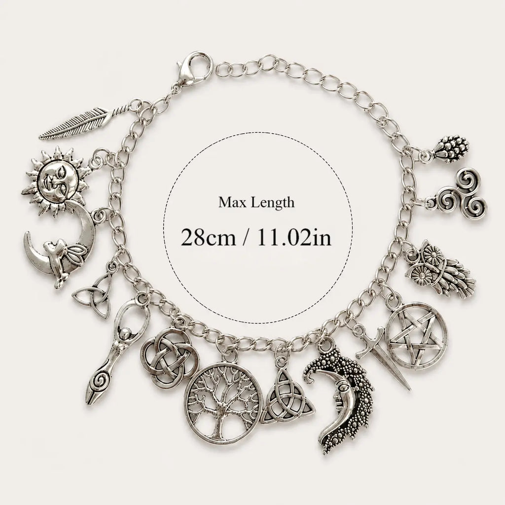 Vintage Witchy Charm Bracelet - Silver-Tone Pagan-Inspired Jewelry with Moon, Sun, Tree of Life, Owl, Pentagram Charms - Celestial Gothic Boho Gift (Celestial Theme, Dark Romance Vintage, Moon and Sun Symbol, Mystery Bracelets & Bangles), Celestia Adjusta