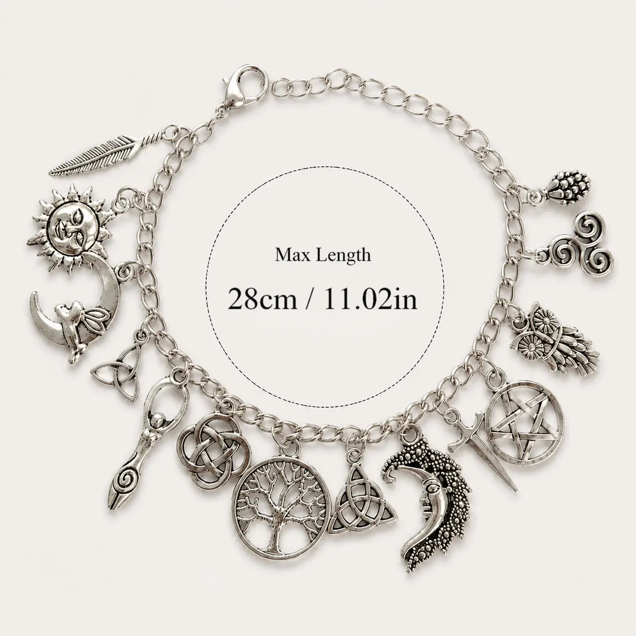 Vintage Witchy Charm Bracelet - Silver-Tone Pagan-Inspired Jewelry with Moon, Sun, Tree of Life, Owl, Pentagram Charms - Celestial Gothic Boho Gift (Celestial Theme, Dark Romance Vintage, Moon and Sun Symbol, Mystery Bracelets & Bangles), Celestia Adjusta