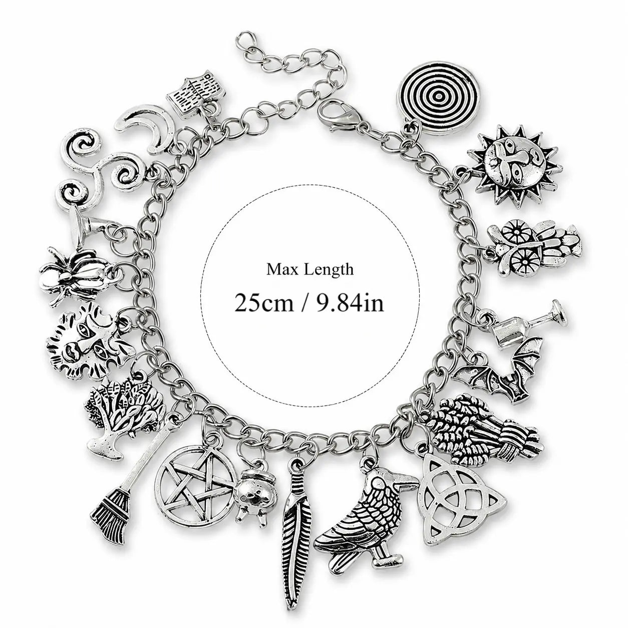 Vintage Witchy Charm Bracelet - Silver-Tone Pagan-Inspired Jewelry with Moon, Sun, Tree of Life, Owl, Pentagram Charms - Celestial Gothic Boho Gift (Celestial Theme, Dark Romance Vintage, Moon and Sun Symbol, Mystery Bracelets & Bangles), Celestia Adjusta