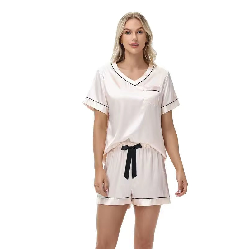 Summer Satin Striped Pajamas for Women Thin Pullover Solid Color Homewear Set