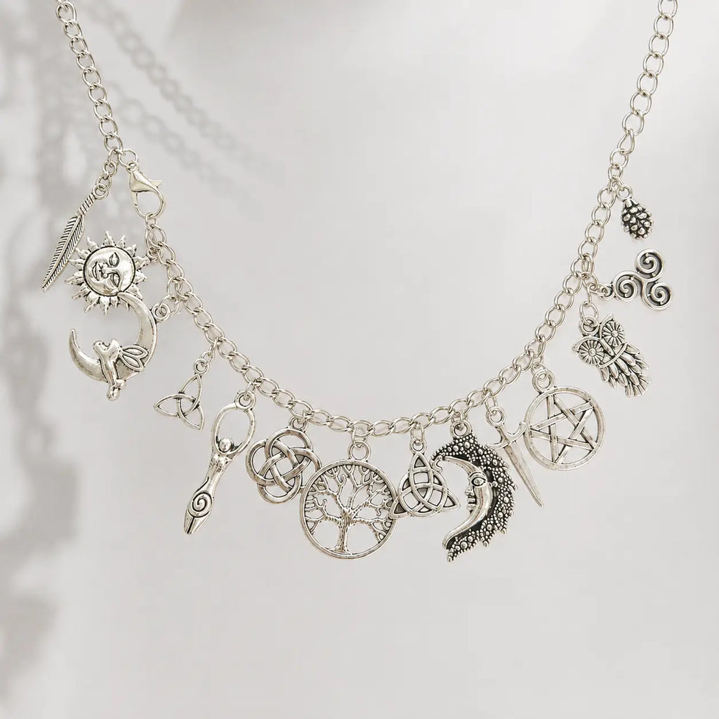Vintage Witchy Charm Bracelet - Silver-Tone Pagan-Inspired Jewelry with Moon, Sun, Tree of Life, Owl, Pentagram Charms - Celestial Gothic Boho Gift (Celestial Theme, Dark Romance Vintage, Moon and Sun Symbol, Mystery Bracelets & Bangles), Celestia Adjusta