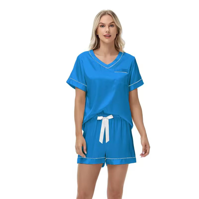 Summer Satin Striped Pajamas for Women Thin Pullover Solid Color Homewear Set