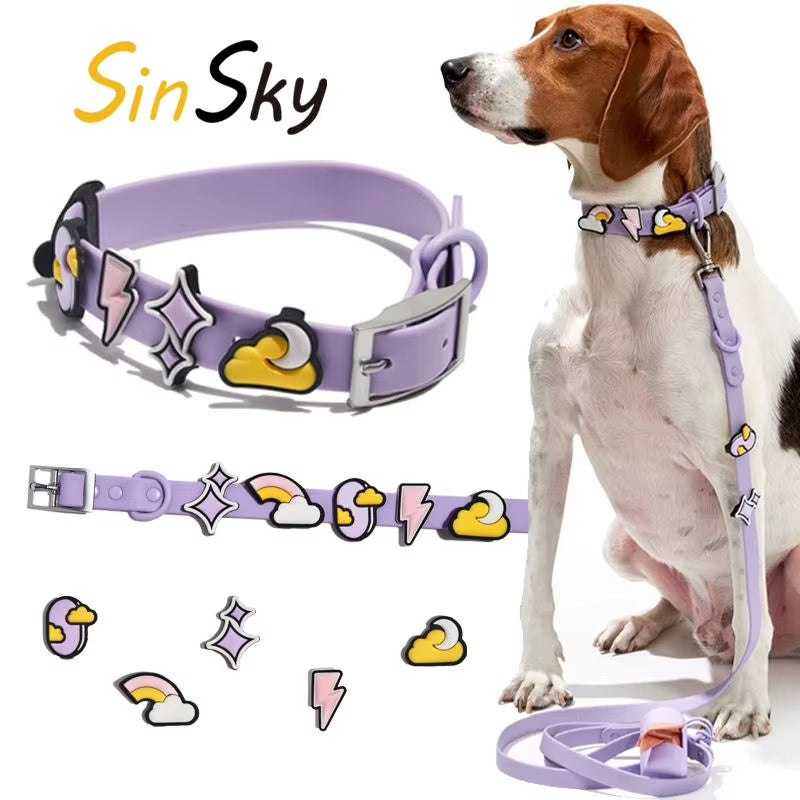 Sinsky Waterproof Luxury Custom PVC Pet Cat Dog Collar Charm Fashion Silicone Pet Leash and Collar Set with Flair Accessories