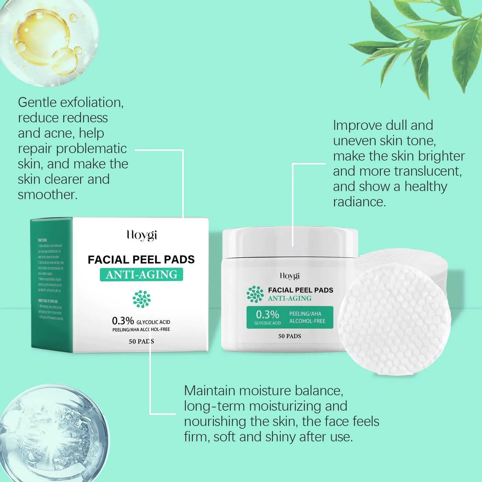 Glycolic Acid Cotton Pads Shrink Pores Blackhead Removal Oil Control Acne Treatment Exfoliating Moisturizing Facial Skin Care