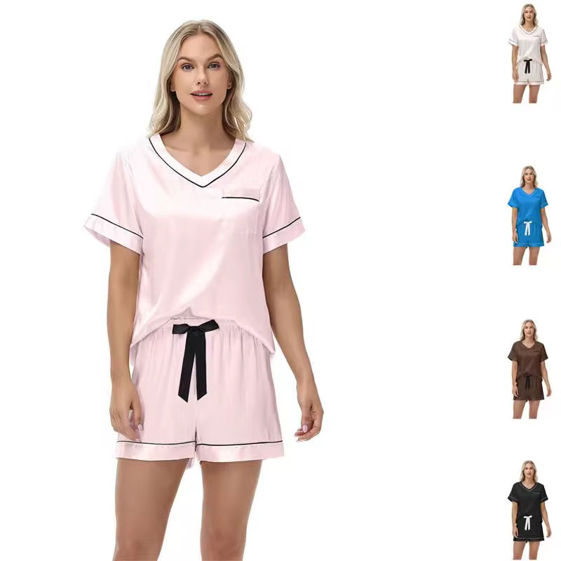 Summer Satin Striped Pajamas for Women Thin Pullover Solid Color Homewear Set