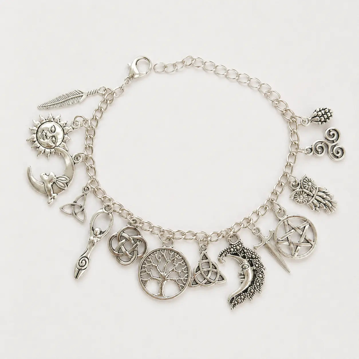 Vintage Witchy Charm Bracelet - Silver-Tone Pagan-Inspired Jewelry with Moon, Sun, Tree of Life, Owl, Pentagram Charms - Celestial Gothic Boho Gift (Celestial Theme, Dark Romance Vintage, Moon and Sun Symbol, Mystery Bracelets & Bangles), Celestia Adjusta
