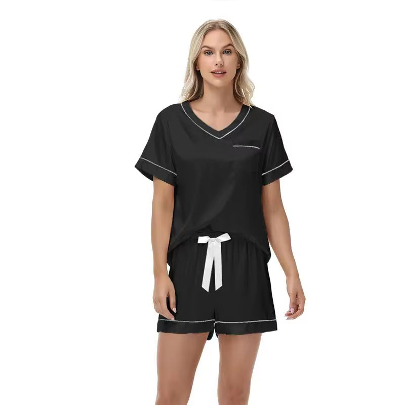 Summer Satin Striped Pajamas for Women Thin Pullover Solid Color Homewear Set