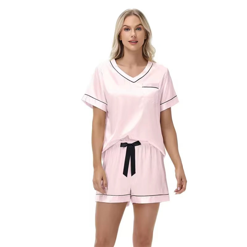 Summer Satin Striped Pajamas for Women Thin Pullover Solid Color Homewear Set