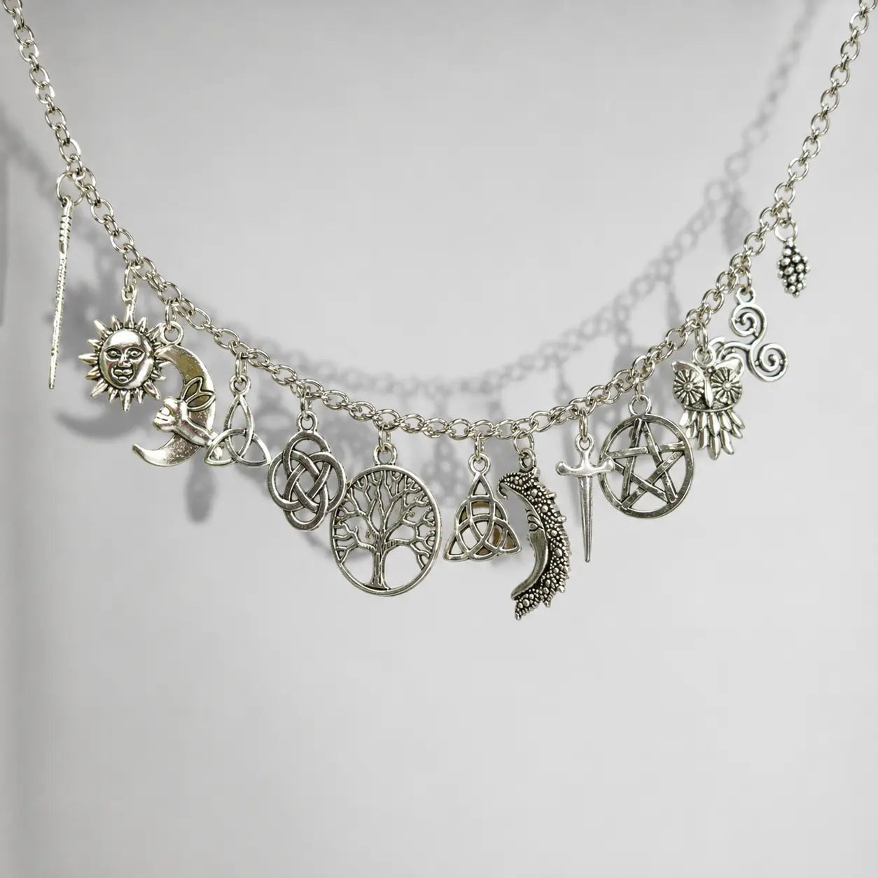 Vintage Witchy Charm Bracelet - Silver-Tone Pagan-Inspired Jewelry with Moon, Sun, Tree of Life, Owl, Pentagram Charms - Celestial Gothic Boho Gift (Celestial Theme, Dark Romance Vintage, Moon and Sun Symbol, Mystery Bracelets & Bangles), Celestia Adjusta